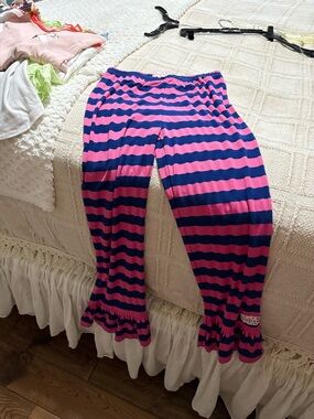 Girls Pink and Navy Striped Ruffle Hem Leggings